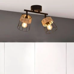 Corep Spot 2 Lumières En Metal Et Rotin Tresse H23cm Noir - Indah -Market Set Shop 613456 FRN03 WEB