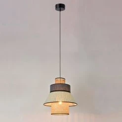 Market Set Suspension Cannage Et Lin Lavé H32cm Amande Et Anthracite - Singapour -Market Set Shop 620369 FRN02 WEB