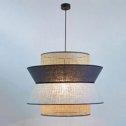 Market Set Suspension En Cannage Et Lin Lavé H60cm Gris Clair Et Anthracite - Singapour -Market Set Shop 620381 FRN02 WEB