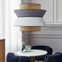 Market Set Suspension En Cannage Et Lin Lavé H60cm Gris Clair Et Anthracite - Singapour -Market Set Shop 620381 FRN03 WEB