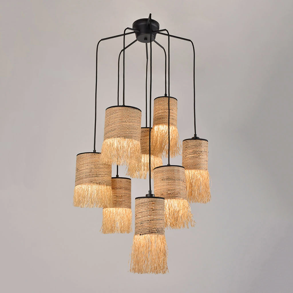 Market Set Suspension 8 Lumières En Bana Et Raphia H168cm Frange - Formentera 3 Market Set Suspension 8 Lumières En Bana Et Raphia H168cm Frange - Formentera – Image 3