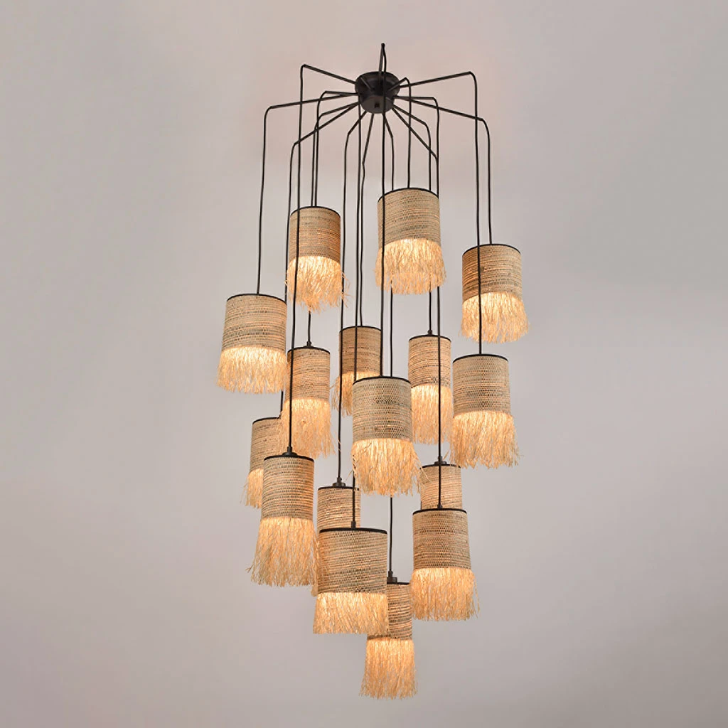 Market Set Suspension 16 Lumières En Bana Et Raphia H204cm Frange - Formentera 3 Market Set Suspension 16 Lumières En Bana Et Raphia H204cm Frange - Formentera – Image 3