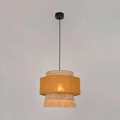 Market Set Suspension En Lin Lave, Bana Et Raphia Frange H34cm Curry -Marrakech -Market Set Shop 623111 FRN02 WEB